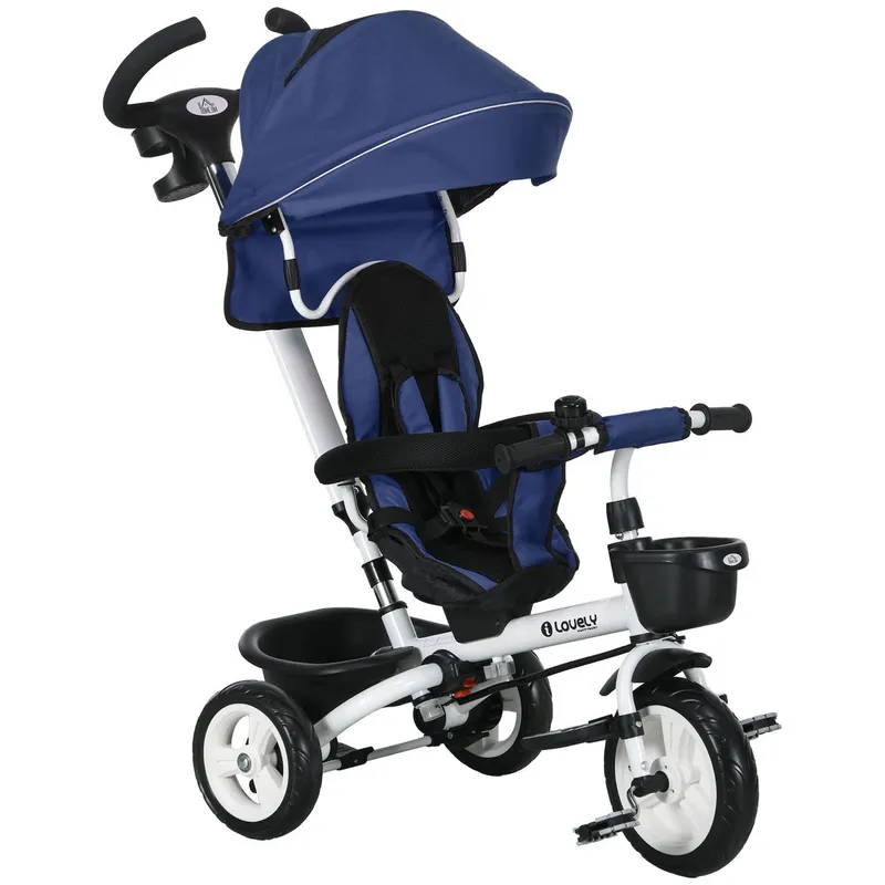 HOMCOM HOMCOM 6 in 1 Dreirad mit Schubstange, Kinderdreirad mit Sicherheitsgurt Blau – Produktbild 1 von 6