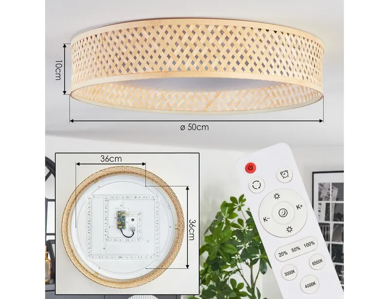 hofstein Deckenleuchte Deckenlampe im Boho-Design aus Metall/Bambus/Kunststoff in Weiß/Natur, ohne Leuchtmittel, Deckenleuchte dimmbar, Fernbedienung, Memory-Funktion, CCT einstellbar, Beige, – Produktbild 8 von 8
