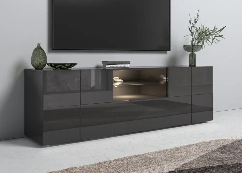 Home affaire Lowboard Dama Breite 181 cm, TV-Board 2 Türen, 1 Schubkasten, TV-Schrank, Front in 3D-Optik, viel Stauraum, verschiedene Farben, Grau, – Produktbild 2 von 8