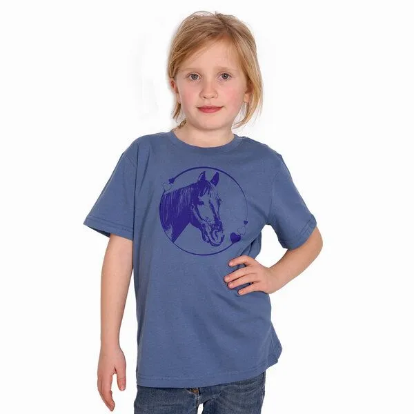 HANDGEDRUCKT HANDGEDRUCKT "Pferdeliebe" Unisex Kinder T-Shirt, Fadeddenim, – Produktbild 1 von 3