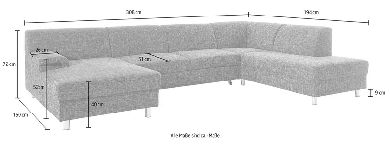 Home affaire Wohnlandschaft Jamie, zeitloses Design, fester Sitzkomfort, viel Platz, U-Form, wahlweise mit Bettfunktion, Schwarz, – Produktbild 4 von 5