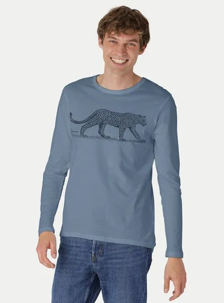 Peaces.bio - handbedruckte Biomode Peaces.bio - handbedruckte Biomode Bio-Herren-Langarmshirt "Leopard", Blaugrau, – Produktbild 2 von 3