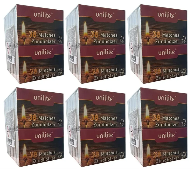 unilite unilite Feuerzeuge Unilite® Streichhölzer Holz 6x380 Stück, Schwarz (Stück, 380-St., Streichhölzer), Schachtel mit zwei Reibeflächen. Streichhölzer, Zündhölzer, Braun, – Produktbild 2 von 3