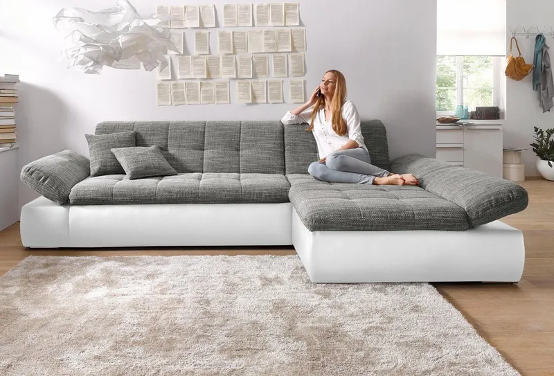 DOMO collection Ecksofa MORIC 300x172 cm, XXL-Sofa mit viel Platz, L-Form, auch in Cord, wahlweise mit Bettfunktion und Armteilverstellung, Grau|weiß, – Produktbild 6 von 8