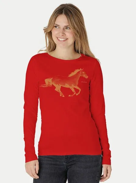 Peaces.bio - handbedruckte Biomode Peaces.bio - handbedruckte Biomode Bio-Damen-Langarmshirt Horsepower, Rot, – Produktbild 1 von 2