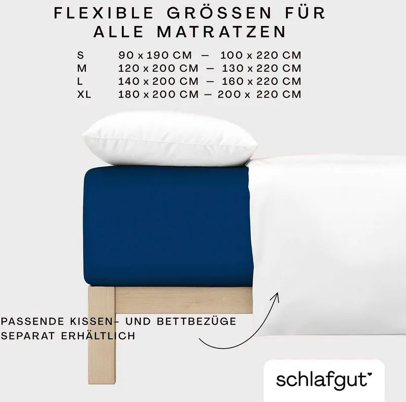 Schlafgut Schlafgut Spannbettlaken PURE BOXSPRING Bio-Baumwolle mit Elasthan, 170 g/m², Bettlaken, Jersey-Elasthan, Gummizug: rundum, (1 Stück), PREMIUM Boxspringbett Laken bis 40 cm Höhe, dehnbar blickdicht, straff, Blau, – Produktbild 1 von 5