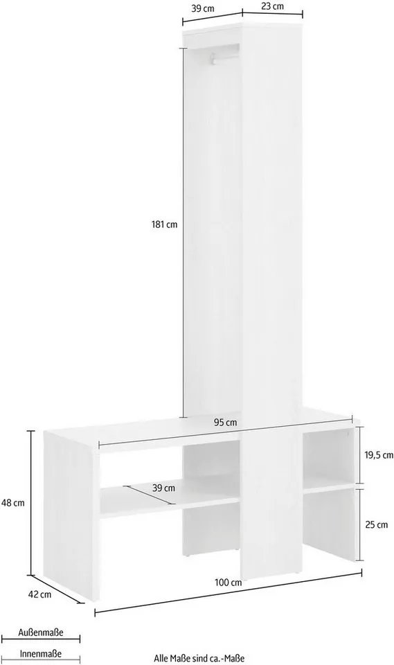 loft24 Kompaktgarderobe Henry - Garderobe Kleiderschrank Dielenschrank Schrank Garderobe mit Kleiderstange und Schuhbank, Eichenoptik, Landhausstil, Beige, – Produktbild 3 von 5