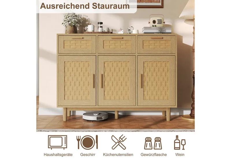 Simurq Sideboard Küchenschrank mit Rattangeflecht,3 Türen & 3 Schubladen,108x40x80 cm (2 Pakete, Aufbewahrungsschrank für Küche, Esszimmer, Rattan Kommode mit Verstellbaren Ablagen,Buffetschrank), Platzsparend,Pflegeleicht,Stabil,Verstellbare Einlegeböden, Natur, – Produktbild 2 von 5