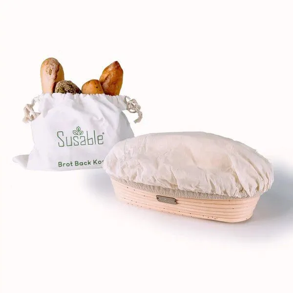 Susable Susable Oval Gärkörbchen für 2 kg Brot - mit 100% Baumwoll-Brotbeutel - Leineneinsatz und atmungsaktiver Abdeckung – Produktbild 2 von 3