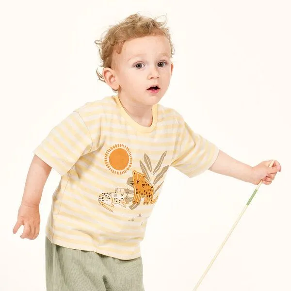 Sense Organics Sense Organics Baby T-Shirt, Modell ANTON, Butterblumengelb-weiß geringelt mit leopard, – Produktbild 2 von 4
