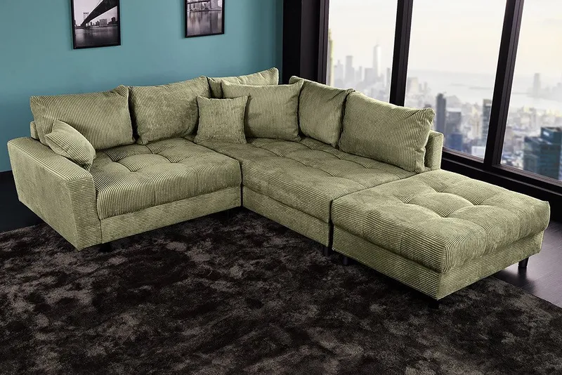 riess-ambiente Ecksofa KENT 220cm grün - Cord, L-Form, Federkern, m. Kissen, FSC-zertifiziert, Einzelartikel 1 Teile, Moderne Wohnlandschaft inkl. Hocker - ideal für Wohnzimmer u. Familien, Grün, – Produktbild 1 von 5