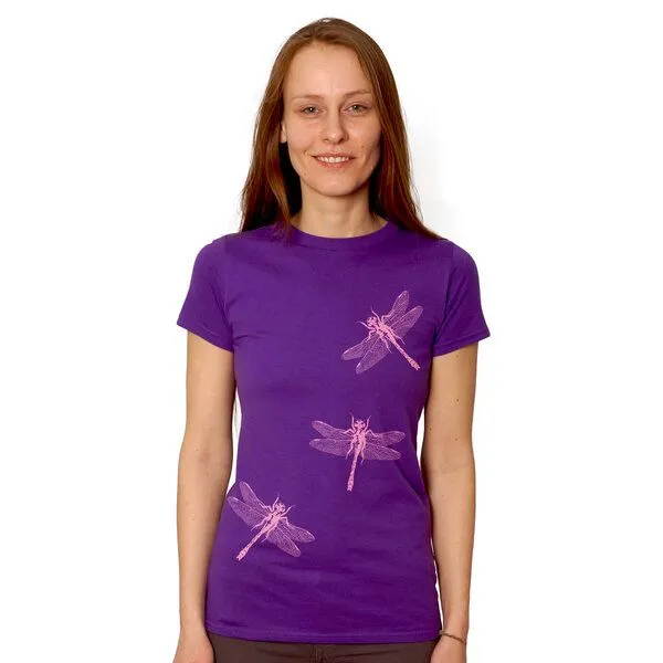 HANDGEDRUCKT HANDGEDRUCKT "3 Azurjungfern" Frauen-T-SHIRT von Earth Positiv Biobaumwolle, Purple, – Produktbild 1 von 3