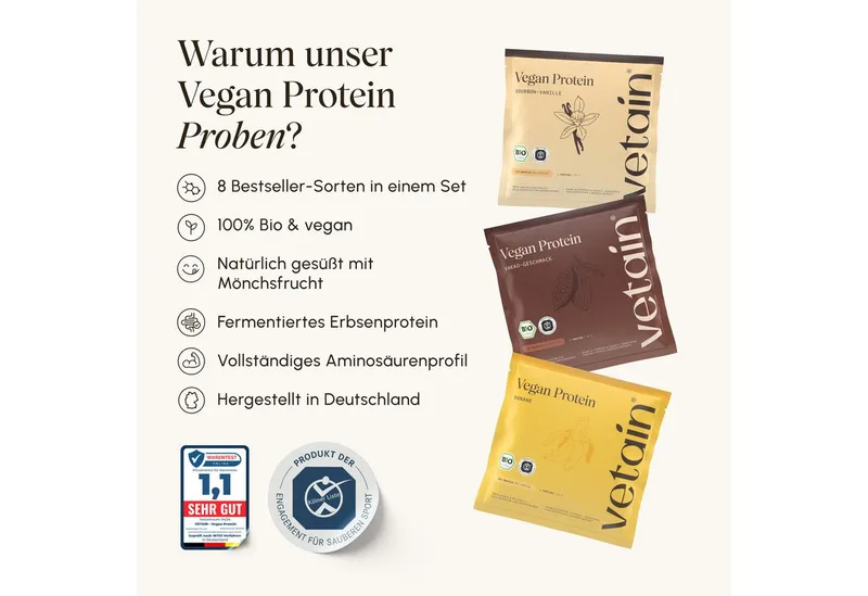 VETAIN Protein Pulver Probierpaket - 8 x 30g - 100% Bio & Vegan - Pulver, Fermentiert, frei von raffiniertem Zucker & künstlichen Süßstoffen – Produktbild 3 von 5