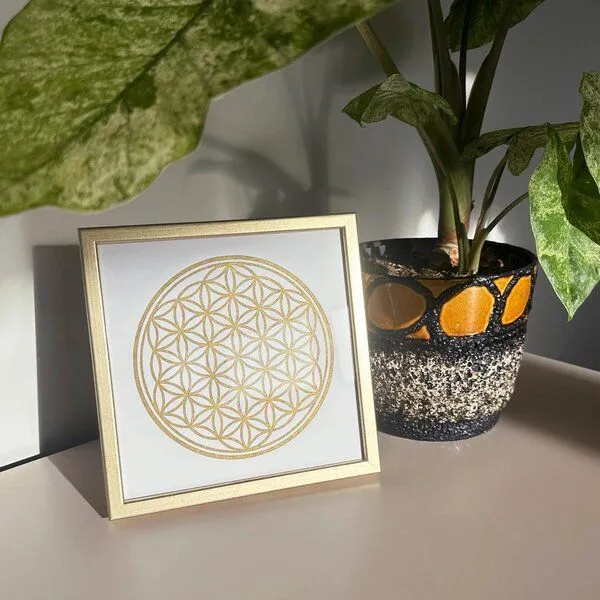 Veskor Cassiopeia Veskor Cassiopeia Gerahmt | BLUME DES LEBENS I Heilige Geometrie Linoldruck | 20 × 20 cm in 22 × 22 cm Rahmen | Gold auf Weiß, Gold, – Produktbild 2 von 3