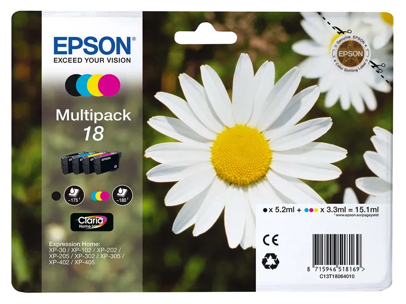 Epson Epson Tintenpatronen T1806/ 18 schwarz, cyan, magenta, gelb, 4er-Set – Produktbild 2 von 3