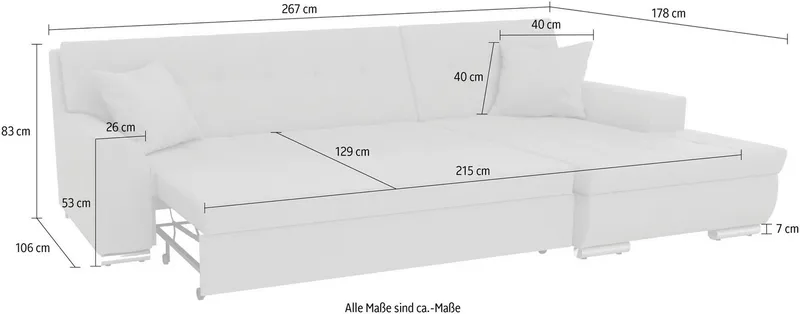 DOMO collection Ecksofa TREVISO viele Bezüge, auch in Cord, L-Form, 267x178 cm, mit Bettfunktion, inkl. Zierkissen, Unser Dauertiefpreis, Schwarz, – Produktbild 8 von 8
