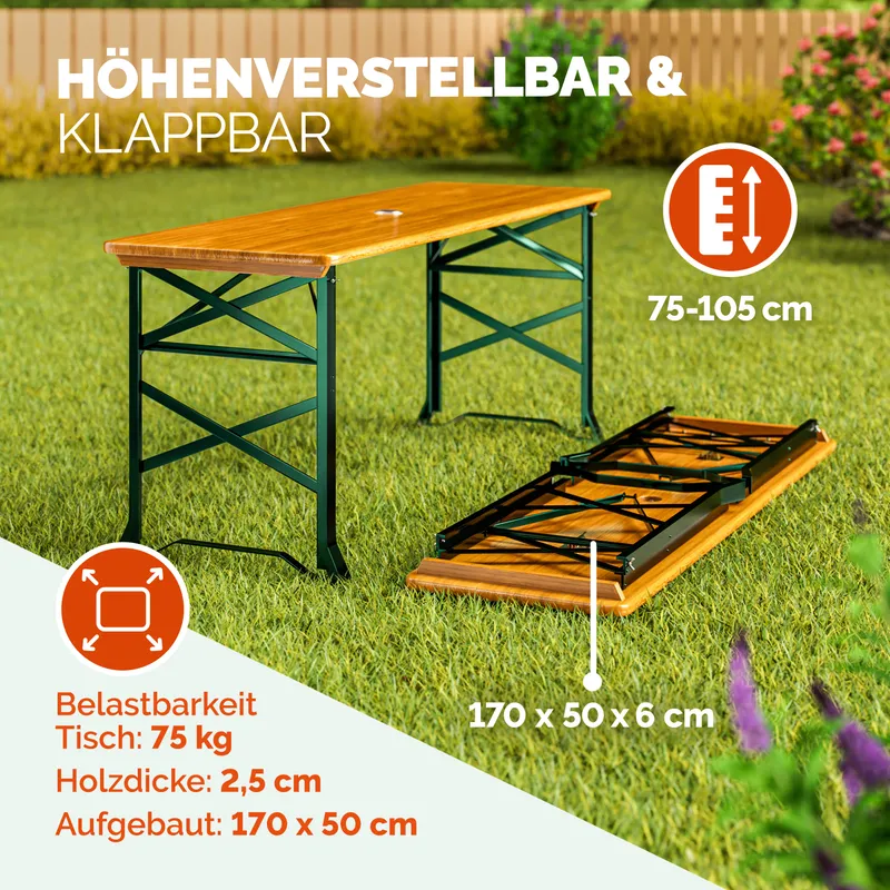 Casaria® Biertisch 2in1 höhenverstellbar 170x50 75/105cm klappbar Schirmloch, Braun, – Produktbild 2 von 2