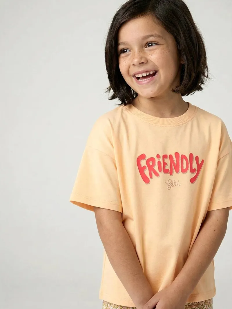 Vertbaudet Bedrucktes Mädchen T-Shirt, Gelb friendly girl, – Produktbild 1 von 4