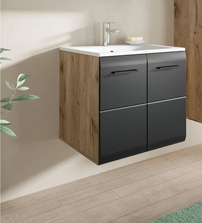Inn.Furn Waschtisch Cover (Set in Schwarz matt mit Eiche, Waschplatz Breite 60 cm), inkl. Keramik Waschbecken, Schwarz, – Produktbild 4 von 5