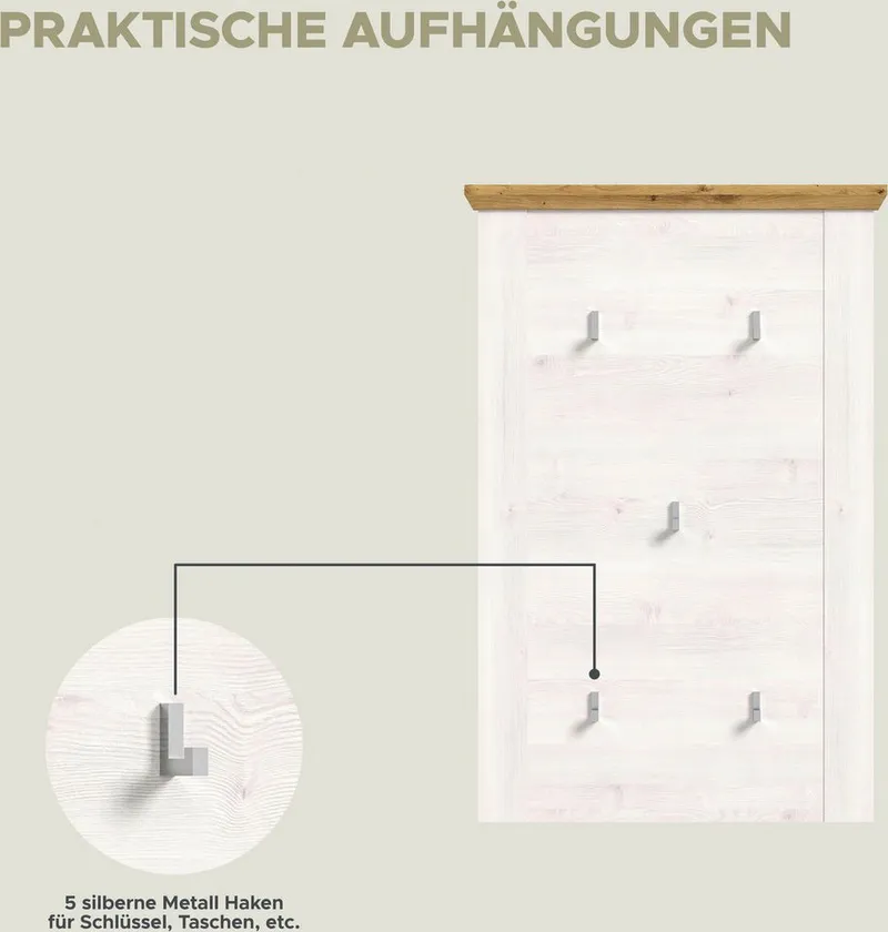 Home affaire Garderoben-Set COSENZA, Breite ca. 285 cm, 5-teilig, in Landhausoptik, (5-St., Garderobenschrank, Sitzbank, Garderobenpaneel, Schuhschrank, Spiegel), Garderobenkombination, Kombination, Diele, Garderobe, Garderobenmöbel, Weiß, – Produktbild 5 von 5