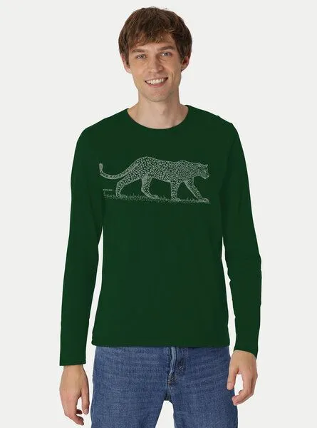 Peaces.bio - handbedruckte Biomode Peaces.bio - handbedruckte Biomode Bio-Herren-Langarmshirt "Leopard", Flaschengrün, – Produktbild 2 von 2