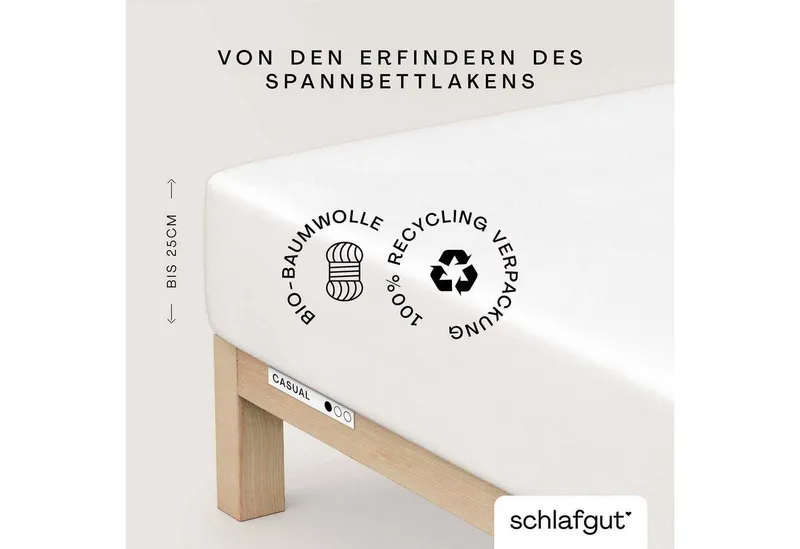 Schlafgut Schlafgut Spannbettlaken CASUAL Bettlaken 100% gekämmte Bio-Baumwolle, 150 g/m², Spannbetttuch, Jersey, Gummizug: rundum, (1 Stück), Bettlaken bis 25 cm Höhe, langlebig, weich, Antipilling-Ausrüstung, Weiß, – Produktbild 2 von 5
