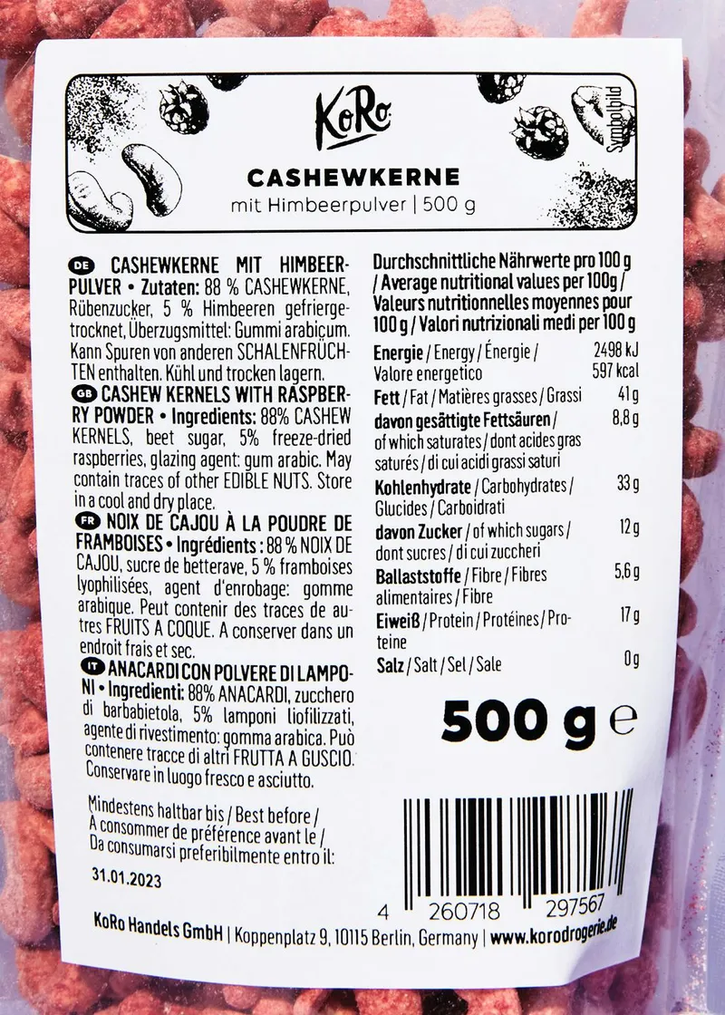 KoRo Cashewkerne mit Himbeerpulver 500 g – Produktbild 4 von 5