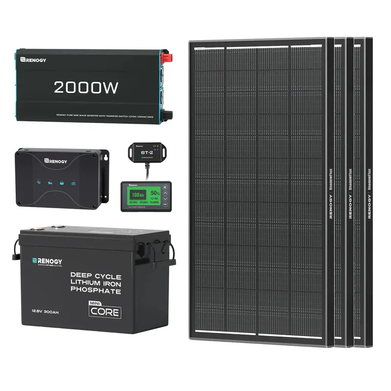 Renogy DE 3,84 kWh Wohnmobil Power Solaranlage| 2000W Wechselrichter, 50A Batterladegerät - inkl. 0% MwSt. / mit 3 Stück 200W Shadow Flux Solarmodule – Produktbild 2 von 2