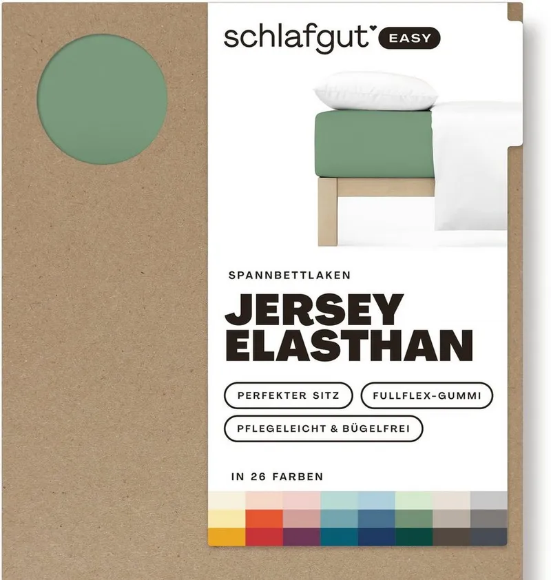 Schlafgut Schlafgut Spannbettlaken EASY JERSEY ELASTHAN Bettlaken, 170 g/m², 95% Baumwolle, 5% Elasthan, Jersey, Gummizug: rundum, (1 Stück), Spannbettlaken bis 30 cm Höhe, bügelfrei, pflegeleicht, perfekter Sitz, Grün, – Produktbild 3 von 8