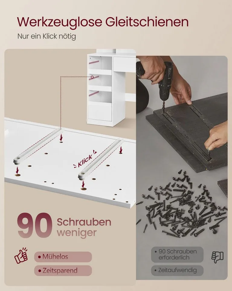 VASAGLE Schminktisch Hocker Steckdosenleiste (1 Tisch mit 1 Hocker), 10x Vergrößerungsspiegel, 3 Lichtfarben, werkzeuglose Gleitschienen, Weiß, – Produktbild 4 von 5