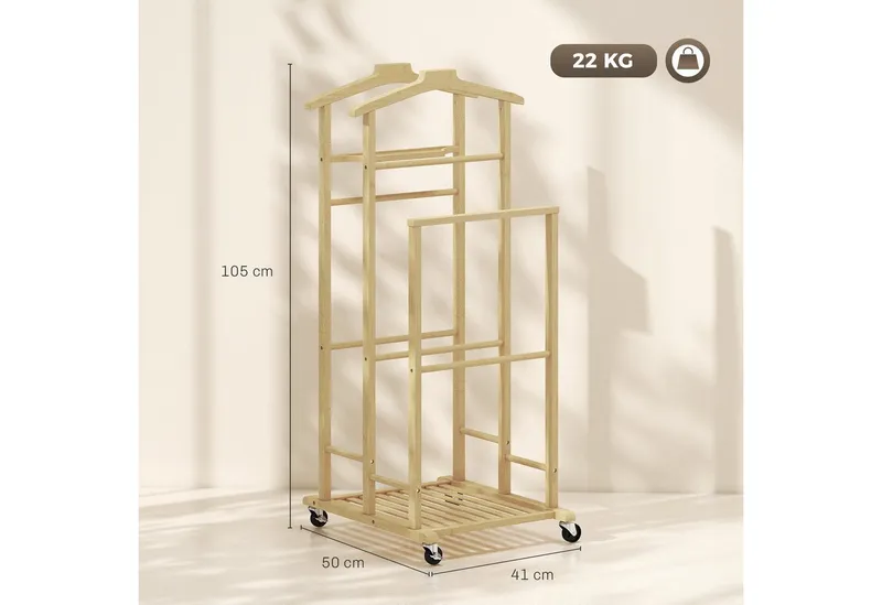 HOMCOM HOMCOM Garderobenständer Kleiderständer Garderobe mit Kleiderstangen aus Bambus, Schuhregal, (Set, 1 St., 1), für Schlafzimmer, Ausstellungen, Waschküche, Beige, – Produktbild 3 von 5