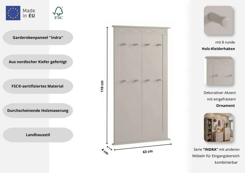 OTTO home Garderobenpaneel Indra Wandgarderobe mit 8 Haken und dekorativer Fräsung (B/T/H: 63/6/100 cm), aus massiver Kiefer, 8 Haken mit einer natürliche Maserung, Braun, – Produktbild 1 von 5
