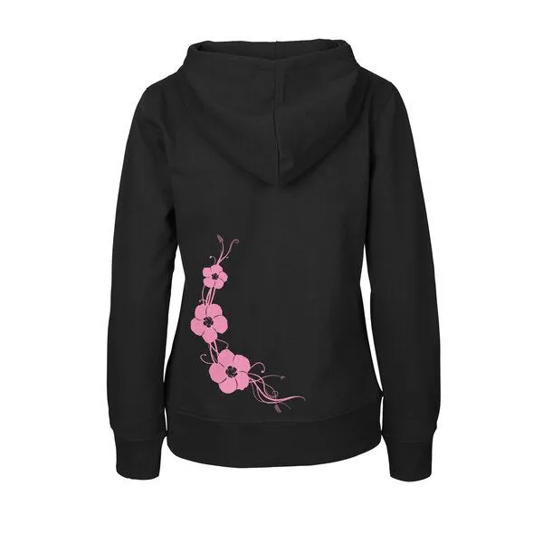 HANDGEDRUCKT HANDGEDRUCKT "Hibisken" Frauen Zip-HOODY aus reiner Biobaumwolle (kbA), Black, – Produktbild 2 von 3