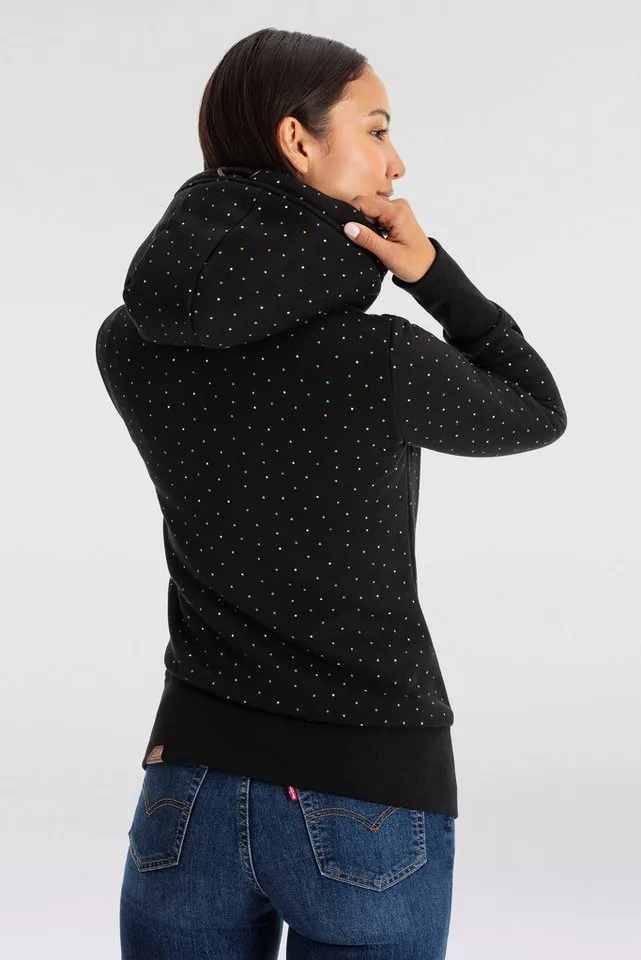 ragwear ragwear Kapuzensweatjacke figurbetont mit gepunktetem Allover-Print und großer Kapuze, Schwarz, – Produktbild 4 von 4
