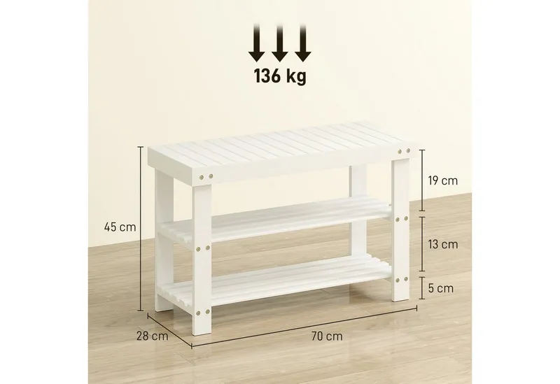 HOMCOM HOMCOM Schuhbank Sitzfläche und Stauraum, 2 Ablagen Flurbank für Wohnzimmer (Schuhregal aus Bambus, 1-St., Sitzbank), für Flur, Eingangsbereich, 70 x 28 x 45 cm, Weiß, – Produktbild 3 von 5