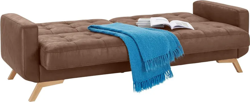 exxpo - sofa fashion 3-Sitzer Fiord, aktuelles Design, tolle Detailverarbeitung im Sitz und Rücken, bequem, wahlweise Kippcouch mit Bettfunktion und Bettkasten, Holzfuß, Braun, – Produktbild 4 von 5