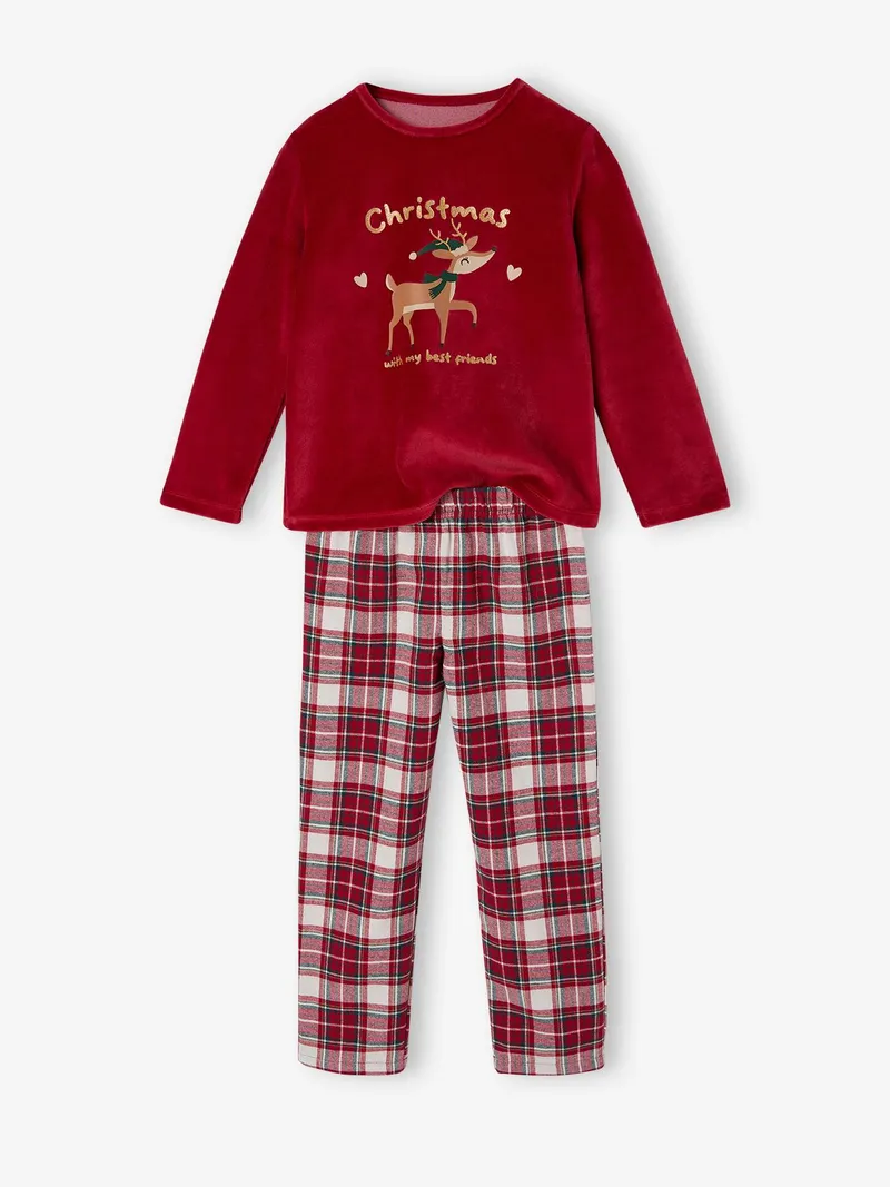 Vertbaudet Vertbaudet Weihnachts-Schlafanzug aus Samt und Flanell Mädchen, Rot, – Produktbild 1 von 3