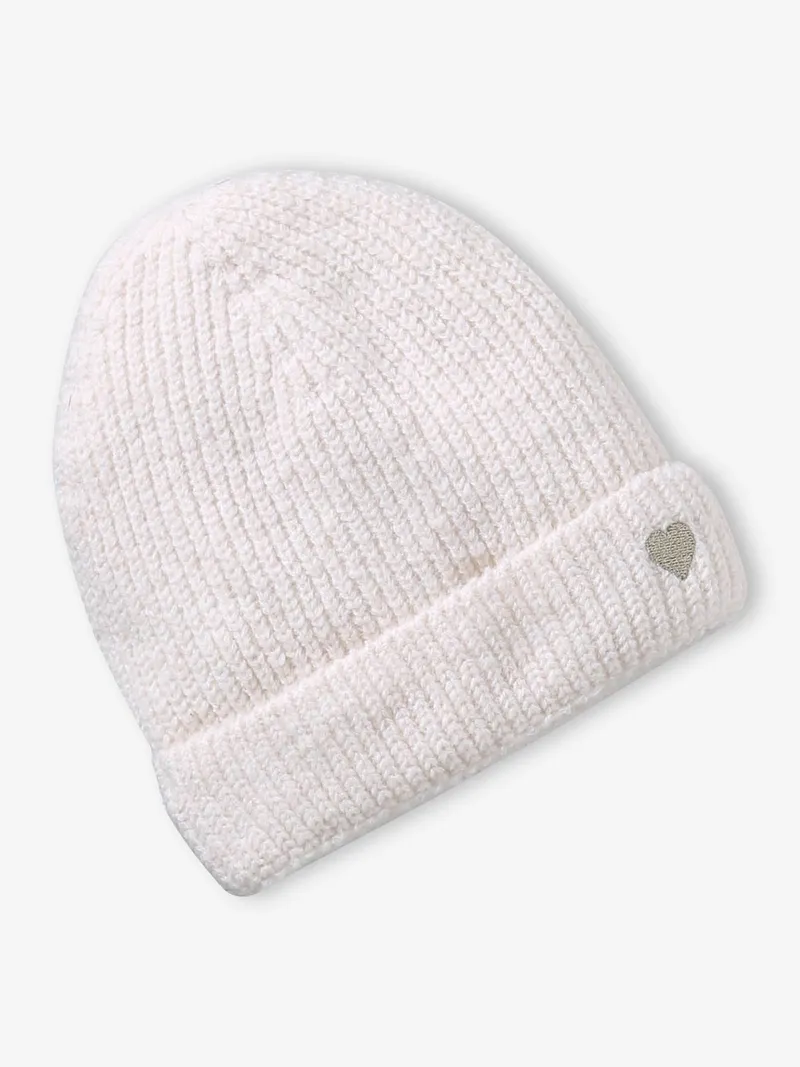 Vertbaudet Strickmütze Mädchen Rippstrick mit Herzstickerei, Wollweiß, – Produktbild 2 von 3