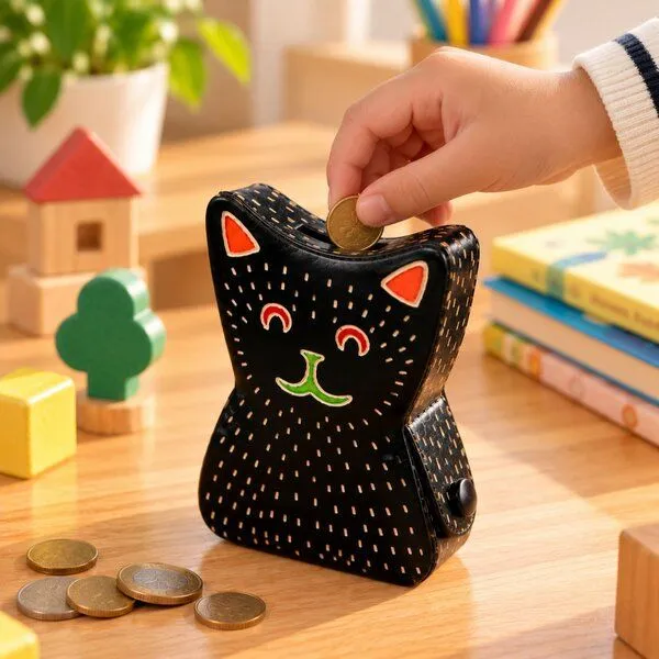 Janselo Katze Kinder-Spardose aus Shanti-Leder in Schwarz – Produktbild 4 von 4