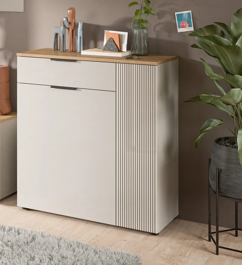 Inn.Furn Schuhkommode Skid (Kommode in Kaschmir Sand mit Eiche, 80 x 88 cm), Vollauszug und Fräsungen, Beige, – Produktbild 4 von 5