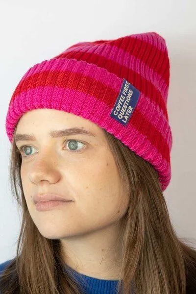 Strickmütze aus Merinowolle, abstehend Unisex Kiwistories, Pink blau, – Produktbild 1 von 4