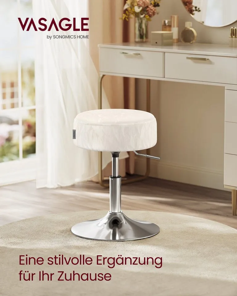 VASAGLE Barhocker Schminkhocker Schminkstuhl höhenverstellbar, 1/2er Set (1 St), für Schlafzimmer, Küche, 360° drehbar, dicke Polsterung, Cremeweiß, – Produktbild 4 von 5