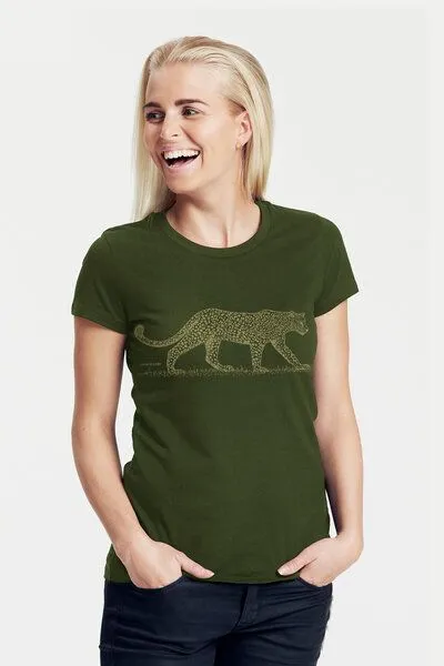Peaces.bio - handbedruckte Biomode Peaces.bio - handbedruckte Biomode Bio-Damen-T-Shirt "Leopard", Waldgrün, – Produktbild 1 von 2