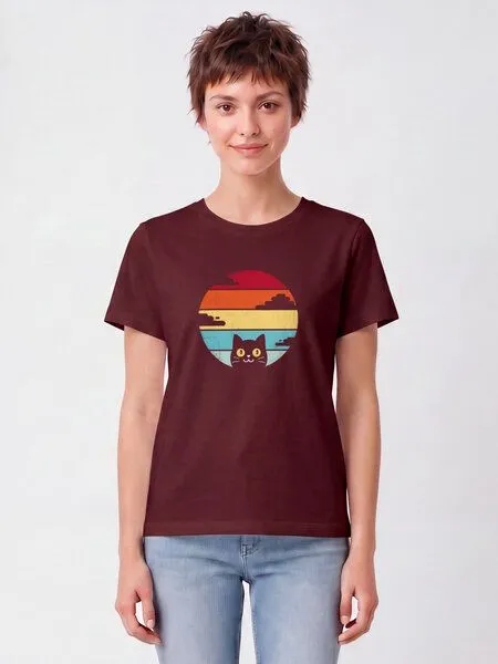 watapparel watapparel T-Shirt Frauen Retro Sunset Cat, Burgundy, – Produktbild 2 von 2