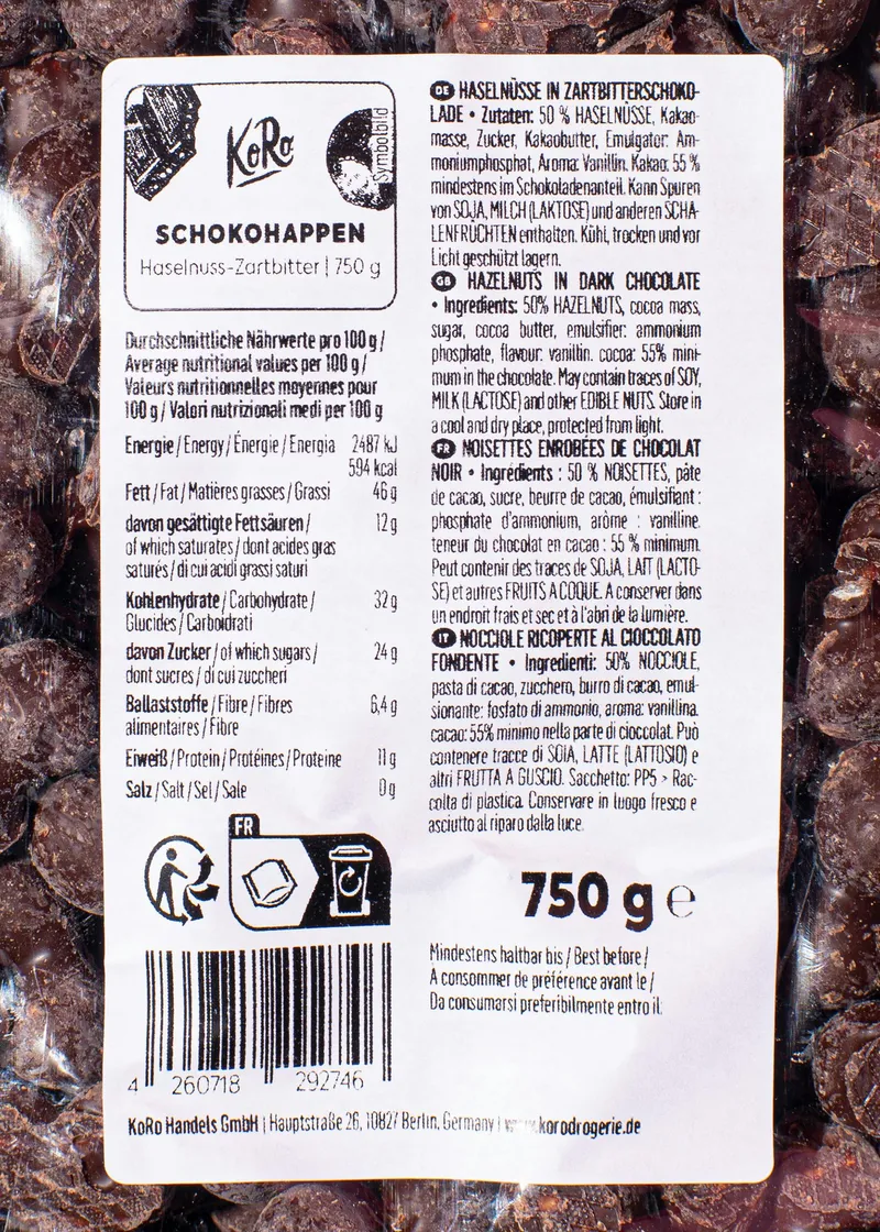 KoRo Schokohappen Haselnuss-Zartbitter 750 g – Produktbild 3 von 5
