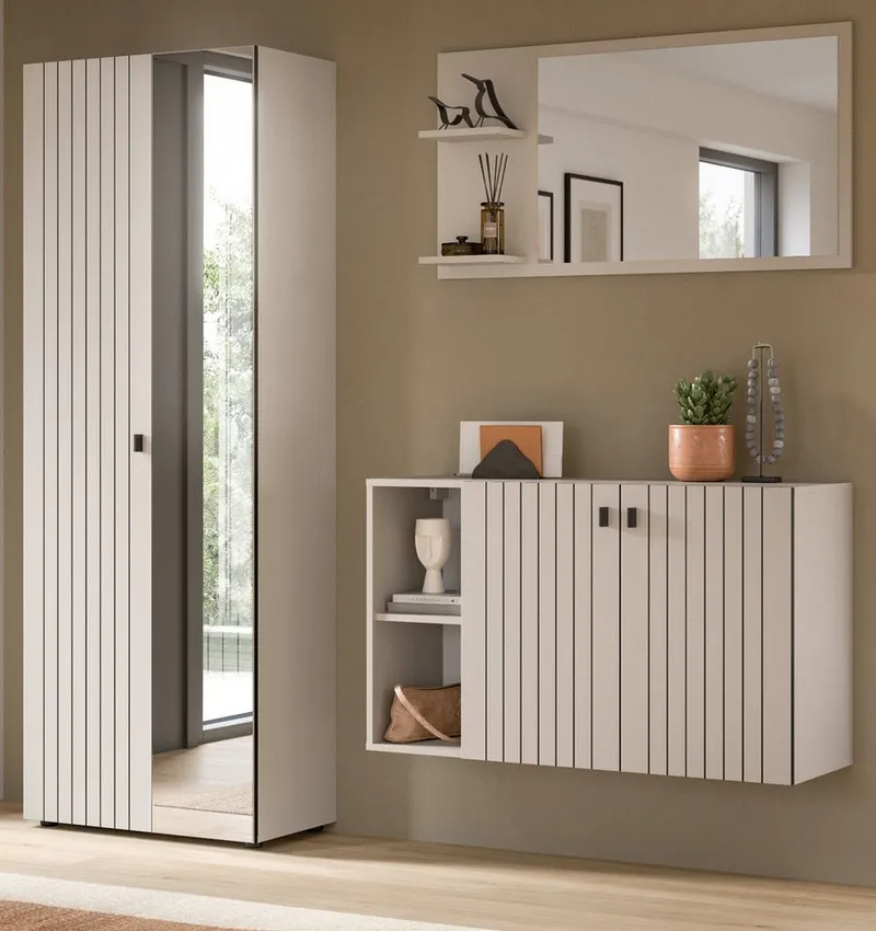 Inn.Furn Garderobenschrank Loreno (Schuhschrank in Kaschmir / Sand mit Schwarz, Spiegeltür, 70 x 192 cm) variable Inneneinteilung, Beige, – Produktbild 1 von 5