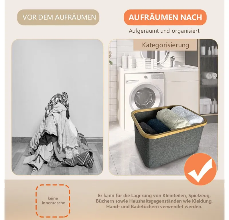 WAOHO Wäschekorb Wäschekorb faltbar Bambus Aufbewahrungskorb Aufbewahrung 40L, Grau, – Produktbild 3 von 5