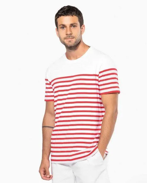 YTWOO YTWOO Nachhaltiges Herren-T-Shirt mit Rundhalsausschnitt im Marine-Stil, Weiß/rot gestreift, – Produktbild 1 von 4