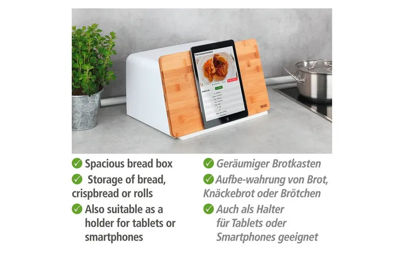 Wenko Wenko Brotkasten Modell Kubo, Bambus, Kunststoff, (1-tlg), moderne Brotbox mit integriertem Schneidebrett als Deckel, Braun|weiß, – Produktbild 4 von 5