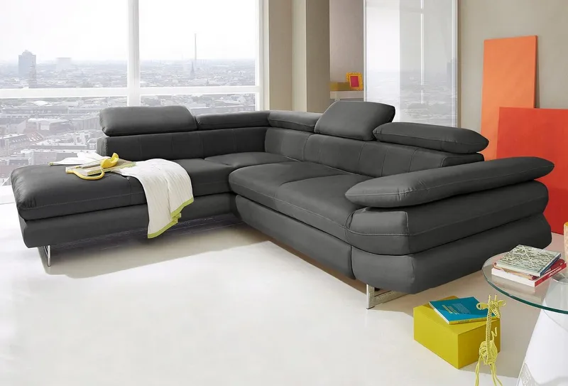 COTTA Ecksofa Solution L-Form, Design Sofa, bequeme Wellenunterfederung, Design Fuß, mit Arm- & Kopfteilverstellung, wahlweise mit Schlaffunktion, Grau, – Produktbild 2 von 5